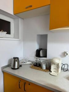 a kitchen with a counter top with a coffee maker at IaZi Apartament in Braşov