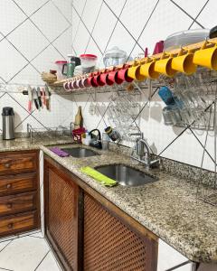 a kitchen counter with a sink and a shelf with dishes at Hostel das fadas in Paraty