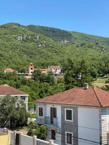 a white house with a mountain in the background at Apartmani Jaz 24 in Budva