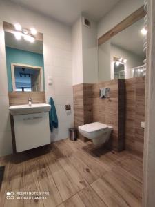 a bathroom with a sink and a toilet and a mirror at Apartament Przy Latarni in Krynica Morska