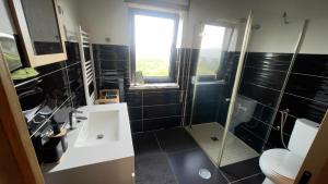 a bathroom with a sink and a shower and a toilet at Quinta da Luena in Candemil +23 photos