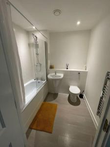 a white bathroom with a toilet and a shower at Stunning Cozy Flat 2. in Belvedere