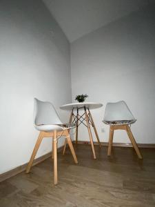 twee stoelen en een tafel in een kamer bij Center Studio Apartment Podgorica in Podgorica