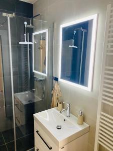 ein Bad mit einem Waschbecken und einer Dusche in der Unterkunft Luxusný apartmán v centre in Banská Bystrica