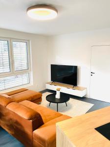 ein Wohnzimmer mit einem Sofa und einem Flachbild-TV in der Unterkunft Luxusný apartmán v centre in Banská Bystrica
