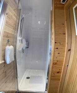y baño con ducha y puerta de cristal. en The Sandy Pod, en Stornoway