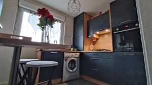 uma cozinha com armários azuis e uma máquina de lavar roupa em Dijon Nobel em Dijon