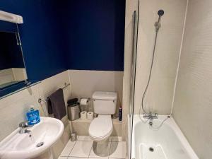 a bathroom with a toilet and a sink and a shower at Modern Free Private Parking Central Reading 2 bedroom in Reading