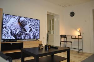 a living room with a large flat screen tv at Apartman Kućica - besplatan parking Smederevo in Smederevo