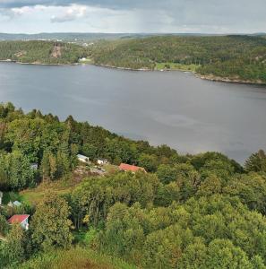 an aerial view of a lake with houses and trees at Åsarna Hills Holiday Home Stillingsön in Stillingsön +11 photos