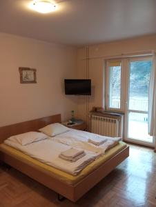 um quarto com uma cama, uma televisão e uma janela em Villa Romano em Kielce