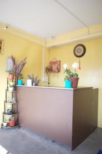 um balcão com vasos de plantas e um relógio na parede em Yakthung Homestay em Darjeeling