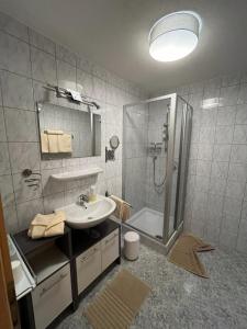 ein Bad mit einem Waschbecken und einer Dusche in der Unterkunft Ferienwohnung Höllrigl in Sankt Leonhard im Pitztal