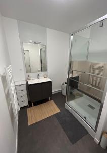 ein Bad mit einem Waschbecken und einer Glasdusche in der Unterkunft Bel appartement lumineux résidentiel proche de Paris in Ivry-sur-Seine