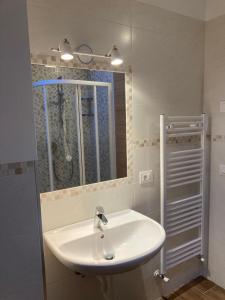 ein Bad mit einem Waschbecken und einer Dusche in der Unterkunft Appartamento SOMEDA in Moena