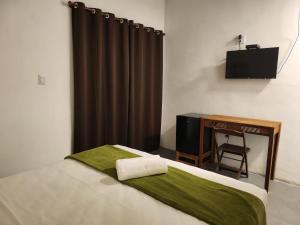 a bedroom with a bed and a desk with a television at Pousada Delta Mar Maresias in Maresias