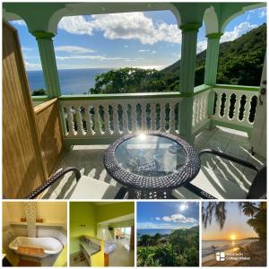a collage of photos with a table on a balcony at Greenhouse on the Hill, Sea View Studio Apartment in Laborie