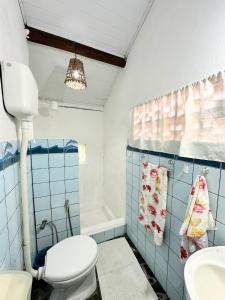 a bathroom with a toilet and a sink and a tub at Chales do Oliveira in Porto Seguro