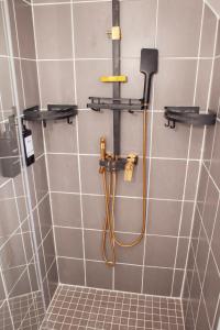 La salle de bains carrelée est pourvue d'une douche avec un tuyau. dans l'établissement Le Premier - Charmant T2 à 600m du centre ville, à Sens