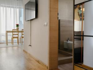 a living room with a television and a sink at Ionesco Apartments in Cluj-Napoca +15 photos