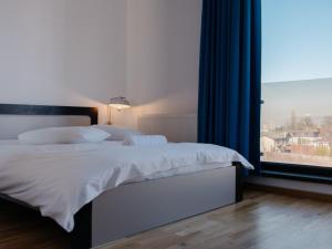 a bedroom with a bed and a large window at Ionesco Apartments in Cluj-Napoca