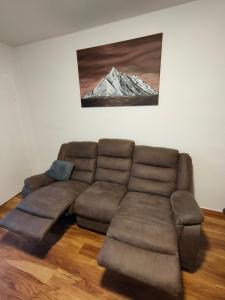 a brown couch in a living room with a picture on the wall at GROẞE und ZENTRALE Ferienwohnung in KÖLN nähe Messe und Lanxess Arena in Cologne