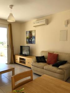 uma sala de estar com um sofá e uma televisão em Nissi Elena -Sunshine Apt em Agia Napa