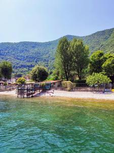 una vista de un cuerpo de agua con montañas en el fondo en Como Lakeside Cottage - Petfriendly with private garden and access to the lake en Onno