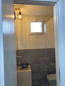 ein Bad mit einem Waschbecken und einer Dusche mit einem Fenster in der Unterkunft La mansardina in Padua