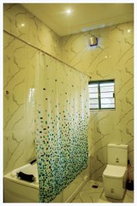 a bathroom with a toilet and a glass shower curtain at House 7A in Enugu