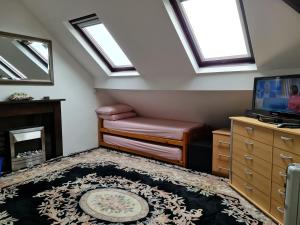 a attic living room with skylights and a tv at Large private room in Biddulph-Stoke On Trent in Biddulph