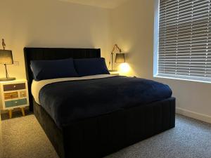 a bedroom with a large bed with blue pillows at Newly Renovated Apartment in Bicester