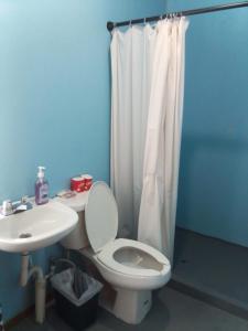 a bathroom with a white toilet and a sink at Hotel Caribbean Inn in West End