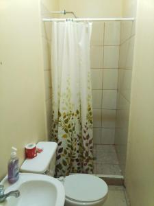 a bathroom with a toilet and a shower curtain at Hotel Caribbean Inn in West End