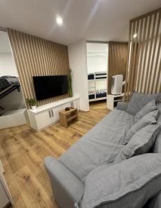 a bedroom with a bed and a flat screen tv at Apartma Tisa Bohinj in Bohinj