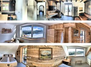 two views of a house with a room with wood at Ein JUWEL "zum-Auerhahn" in Modriach