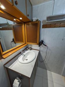 a bathroom with a sink and a mirror at Sea View Roof Garden in Kiáton