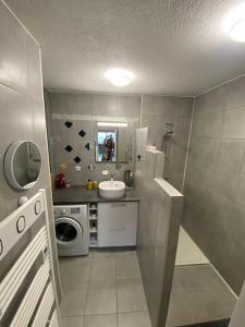 uma pequena casa de banho com um lavatório e uma máquina de lavar roupa em Appartement vue mer mont des oiseaux em Hyères