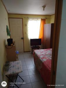 a bedroom with a bed and a desk and a window at Alojamiento económico a pasos del Jumbo! in La Serena