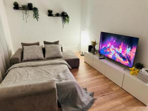 a living room with a large flat screen tv at Exclusive apartment for families and business in Uster