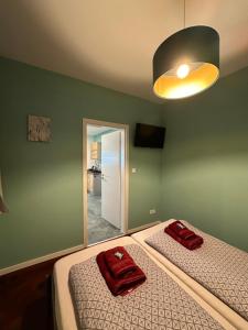 1 dormitorio con 2 camas y un espejo grande en Relaxen im Weindorf Mayschoß Fewo 1, en Mayschoss