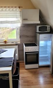 una cucina con piano cottura e frigorifero aperto di Hollestübchen a Lichtenau