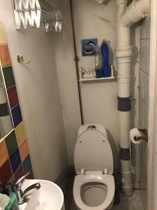 a bathroom with a toilet and a sink and pipes at GETGYR Hostel in Holbæk