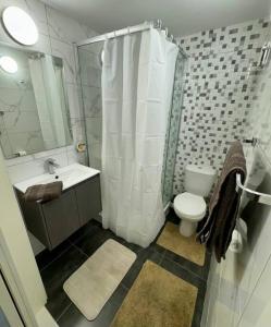 a bathroom with a shower sink and a toilet at Cute Penthouse in Marsaskala