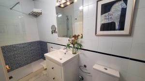 a white bathroom with a sink and a shower at Magdalena Plaza City Center 1º in Seville +28 photos