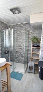 La salle de bains est pourvue d'une douche avec une porte en verre. dans l'établissement Villa Garona avec billard proche Pyrénées, à Cazères