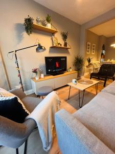 een woonkamer met 2 banken en een tv bij J&S Downtown Sky Attic House in Belfast