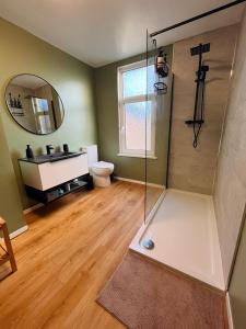 a bathroom with a shower with a sink and a toilet at J&S Downtown Sky Attic House in Belfast