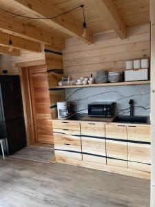 a kitchen with wooden walls and a counter with a microwave at Bieszczadzki Zagajnik in Lesko