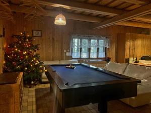 ein Wohnzimmer mit einem Billardtisch und einem Weihnachtsbaum in der Unterkunft Chata pri Veľkej Rači in Oščadnica